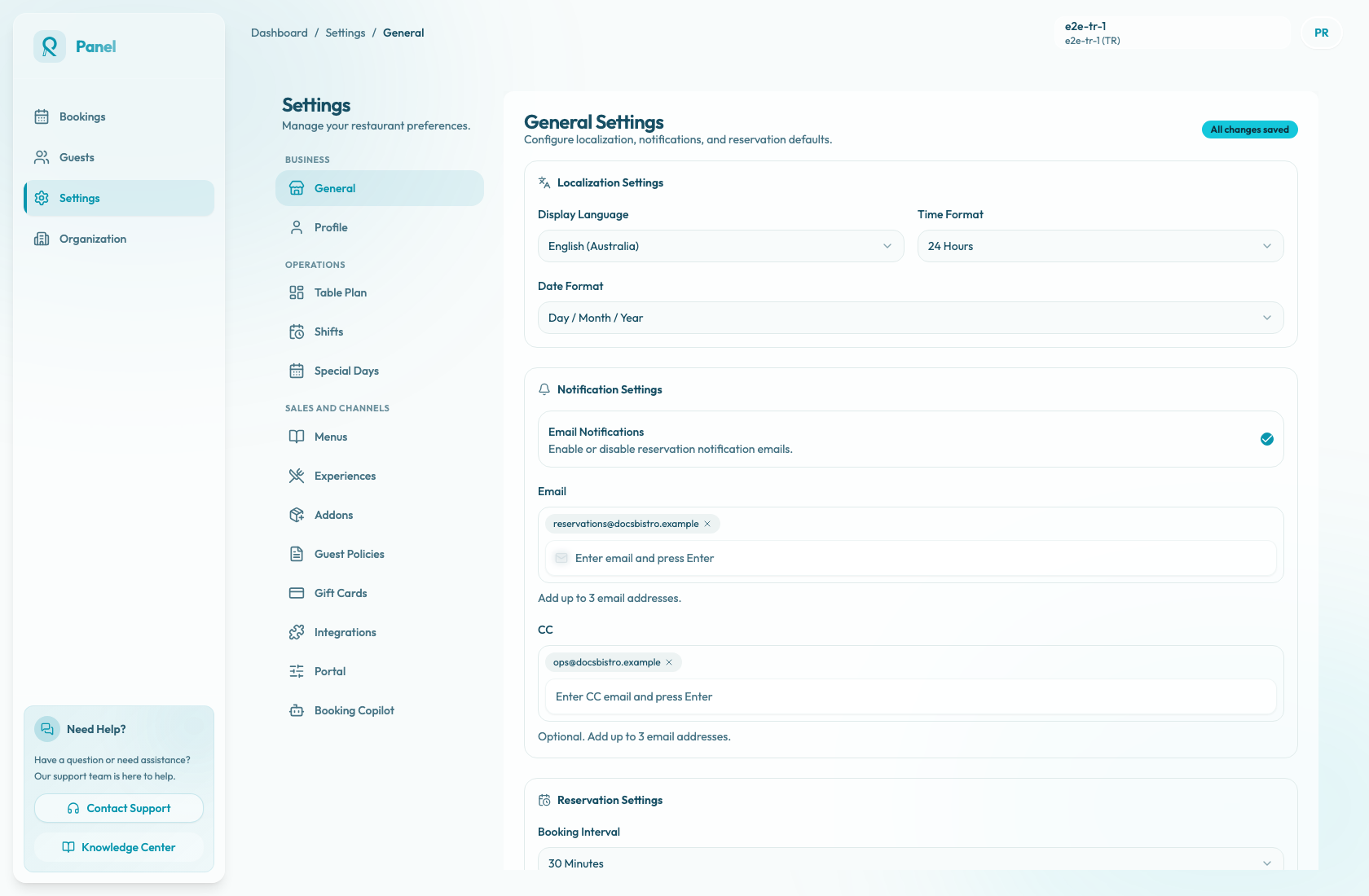 General Settings notification email controls with primary and CC email recipients.