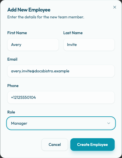 The Add New Employee dialog filled with employee details and Manager role selected.