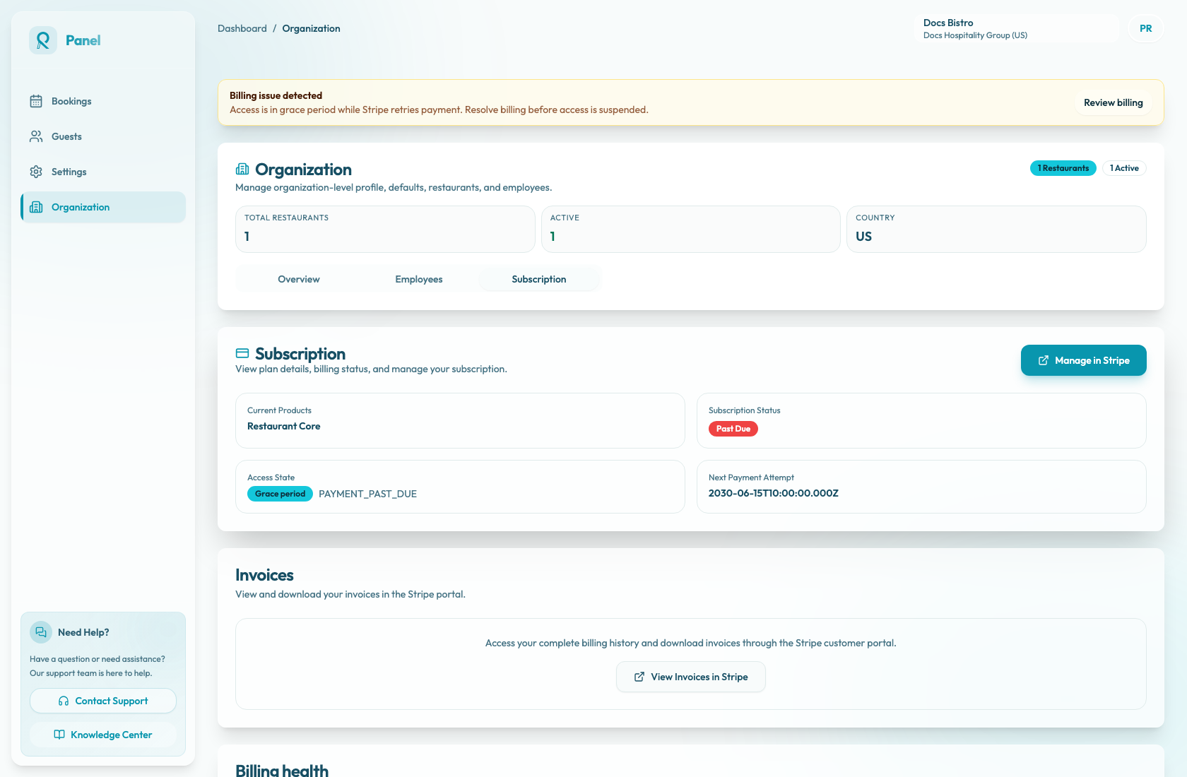 The Subscription page showing current products, subscription status, access state, next payment attempt, and Manage in Stripe.