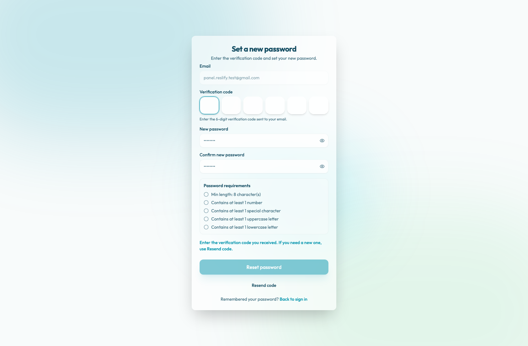 The forgot-password confirmation screen with verification code, new password, confirm password, and password requirements.