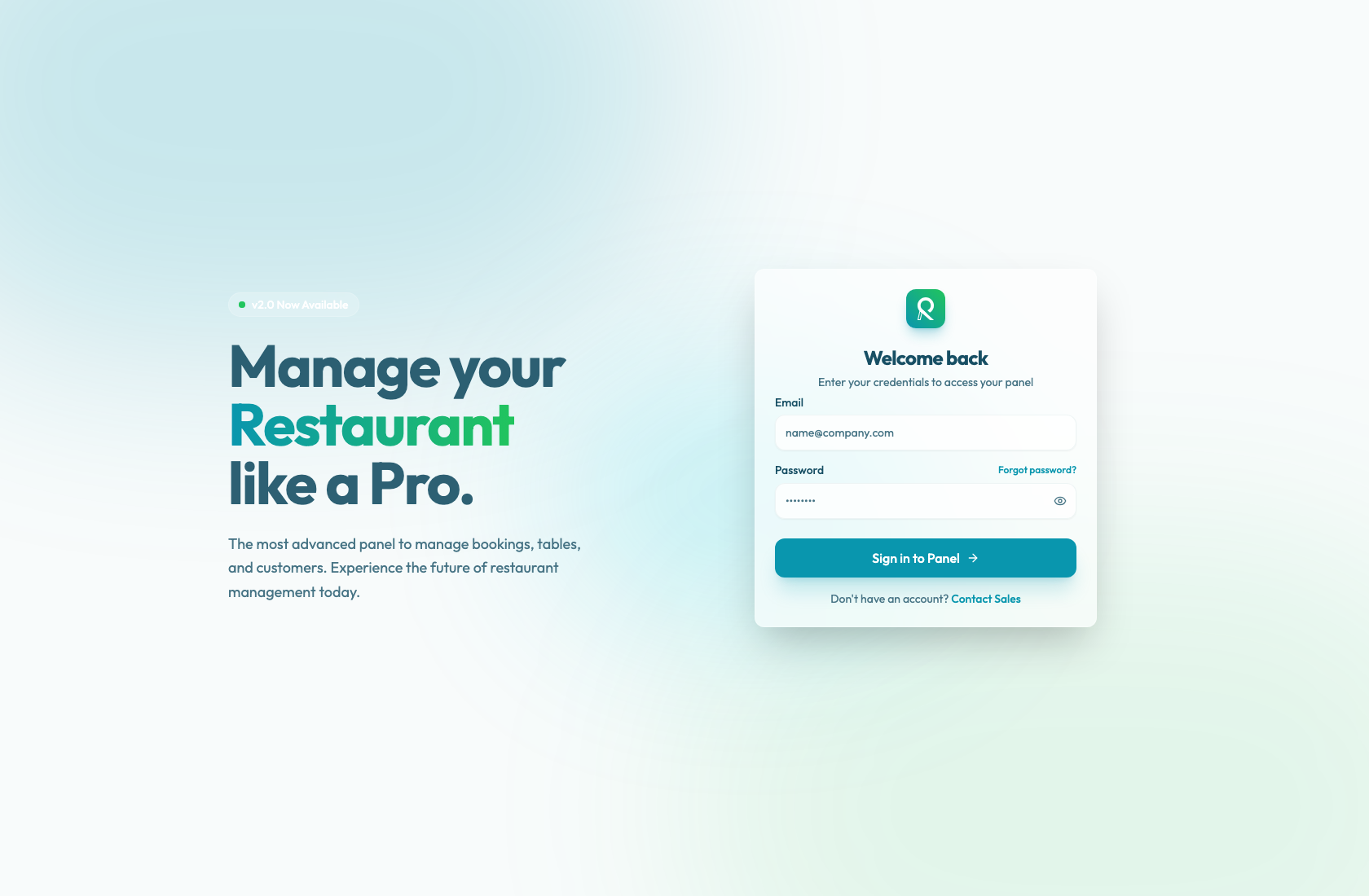 The Reslify Panel sign-in page with email, password, sign-in, and forgot-password controls.