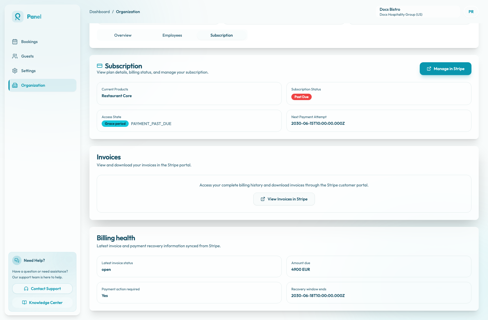 Billing health section showing subscription and payment status.