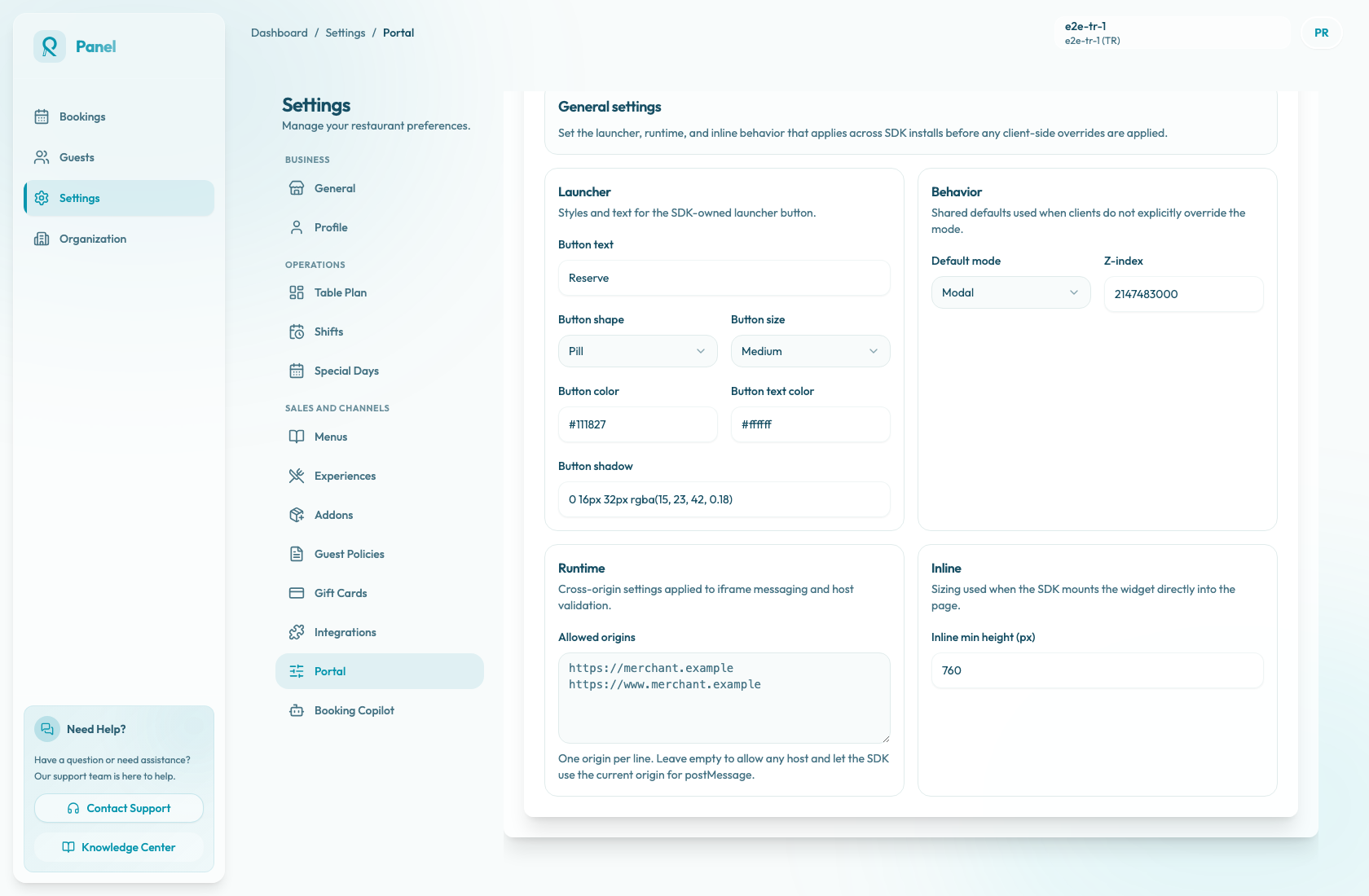 The Reslify Portal settings General tab showing the Allowed origins textarea with example merchant domains.