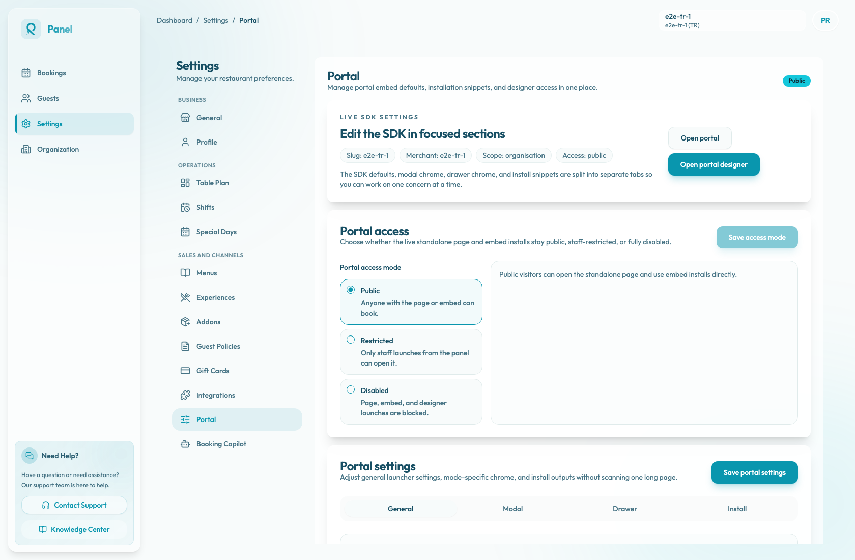 Portal settings showing controls to open and preview the public booking page.