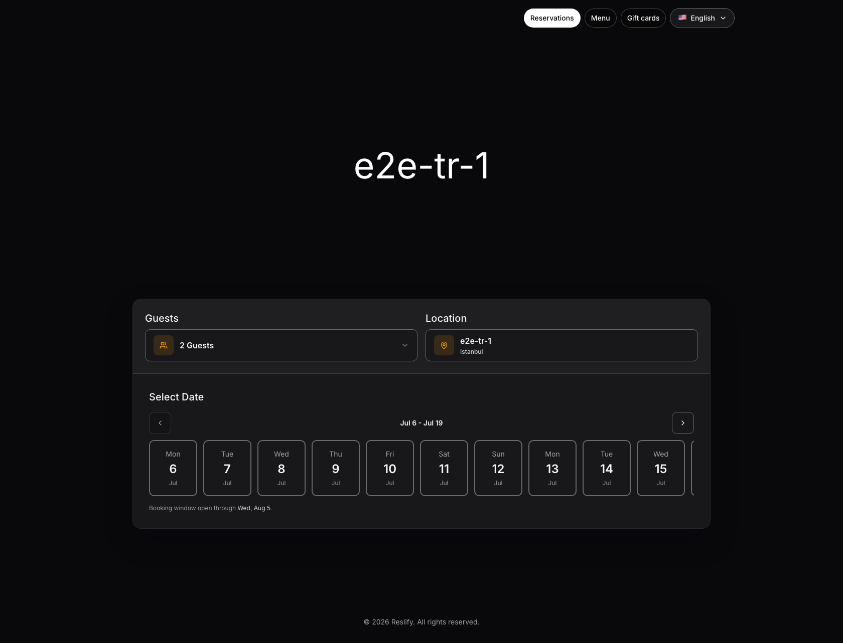 A live public booking page showing available booking flow content.