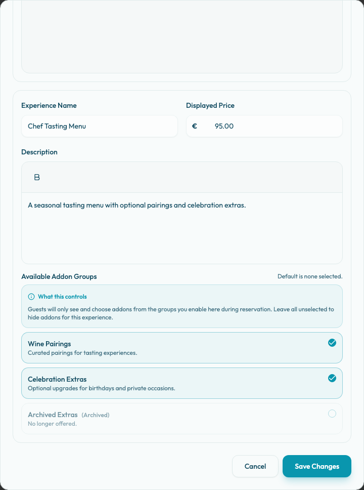 The experience Basics tab showing available add-on groups with selected, optional, and archived options.