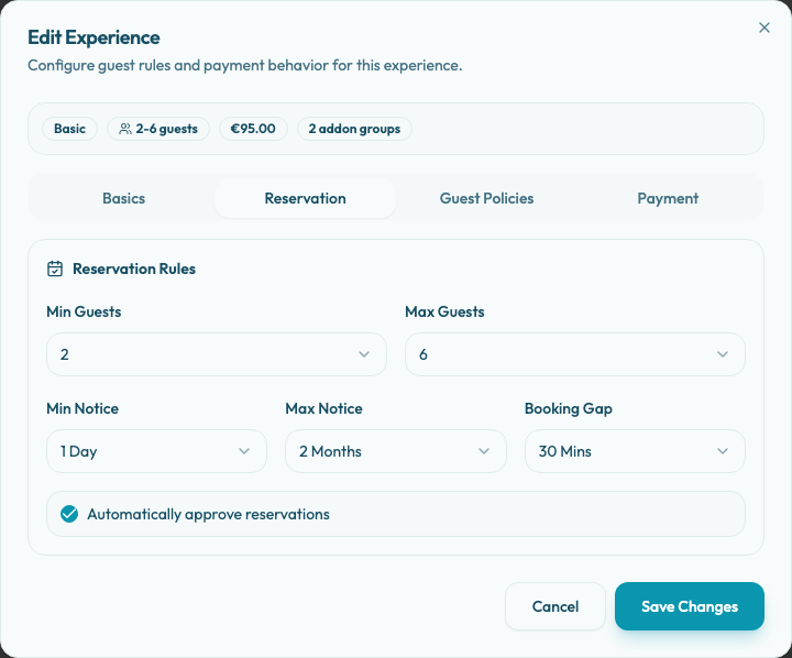 The Edit Experience dialog on the Reservation tab showing min guests, max guests, min notice, max notice, booking gap, and auto-approval.