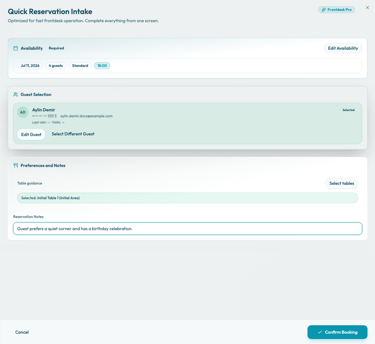 The Quick Reservation Intake sheet showing the Reservation Notes field with a service note entered.