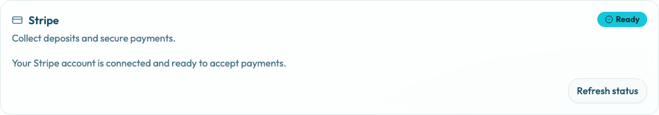 Integrations page showing payment readiness status and refresh controls.