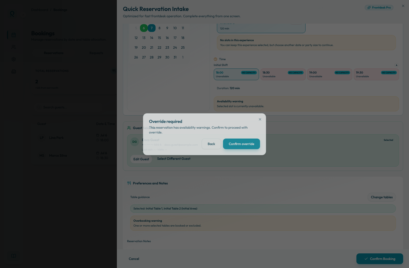 The Override required confirmation dialog shown before creating a manual reservation with availability warnings.
