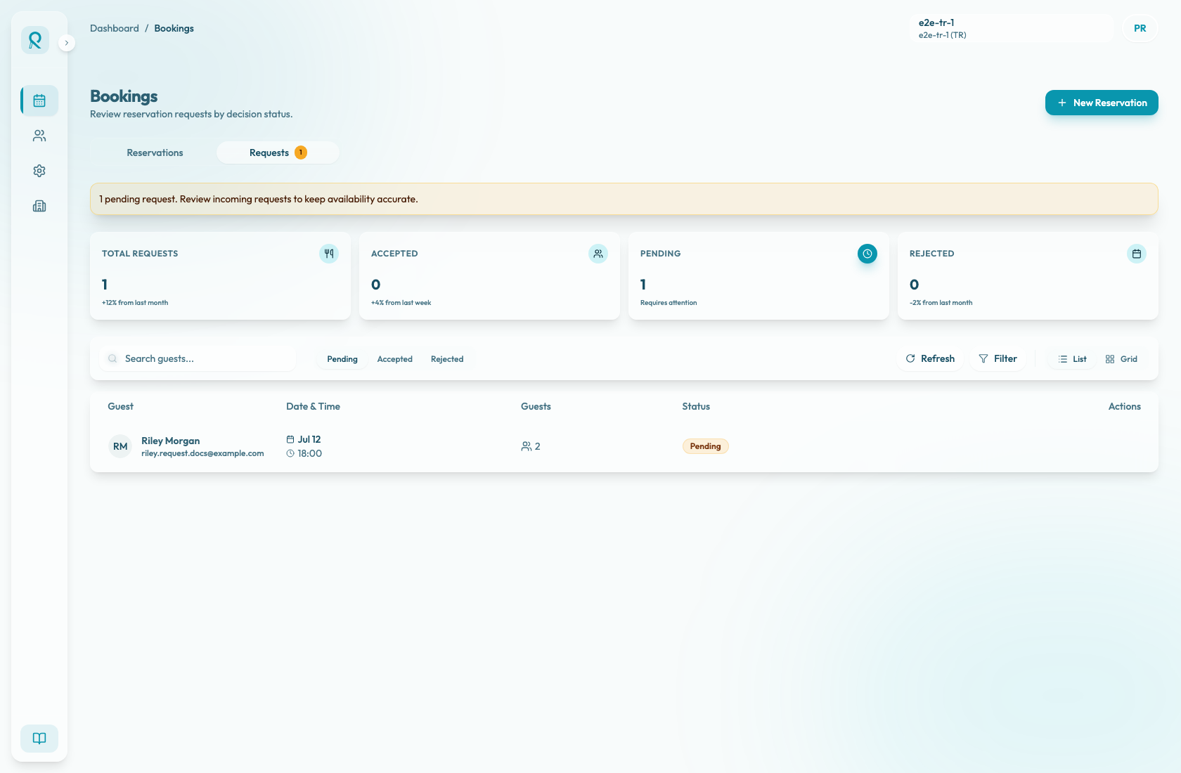The Bookings Requests tab showing the Refresh button above the reservation request list.