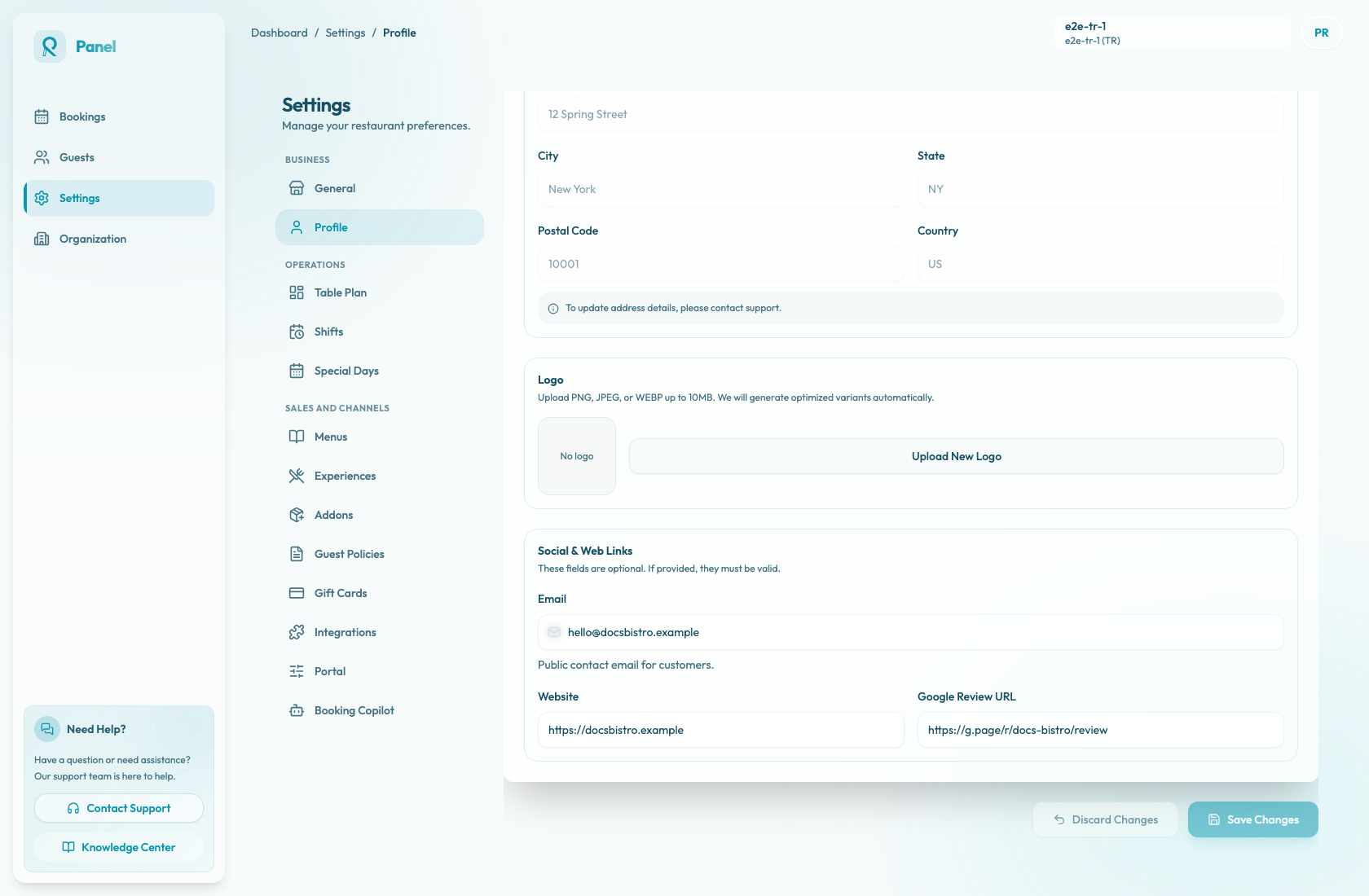 Restaurant profile settings with address, logo, email, website, and Google review URL fields.